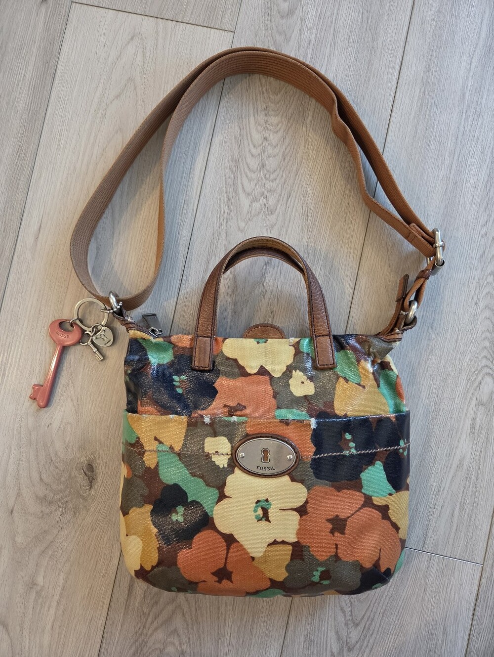 Fossil Key Per Floral Coated Canvas Crossbody Satchel *As Is - Read Condition